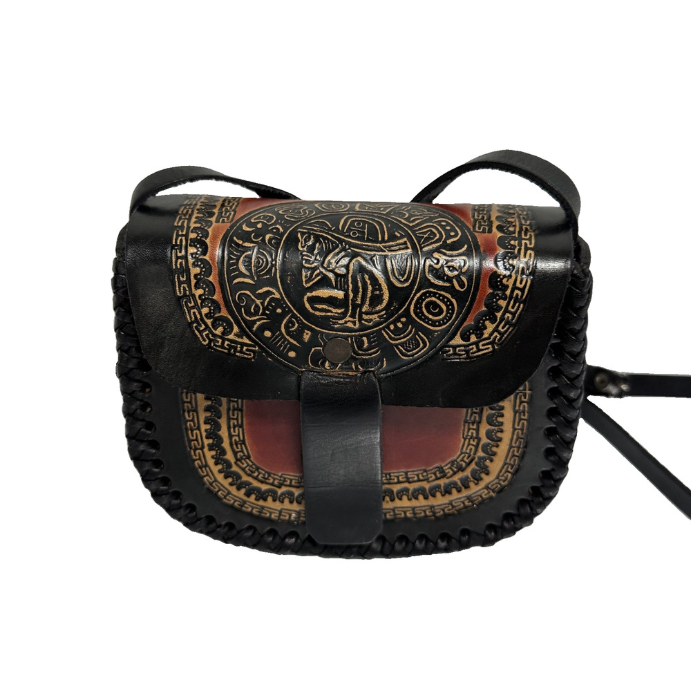Mayan Aztec Calendar Tooled Leather Purse Black Red Saddle Bag Vtg 70s Mexico